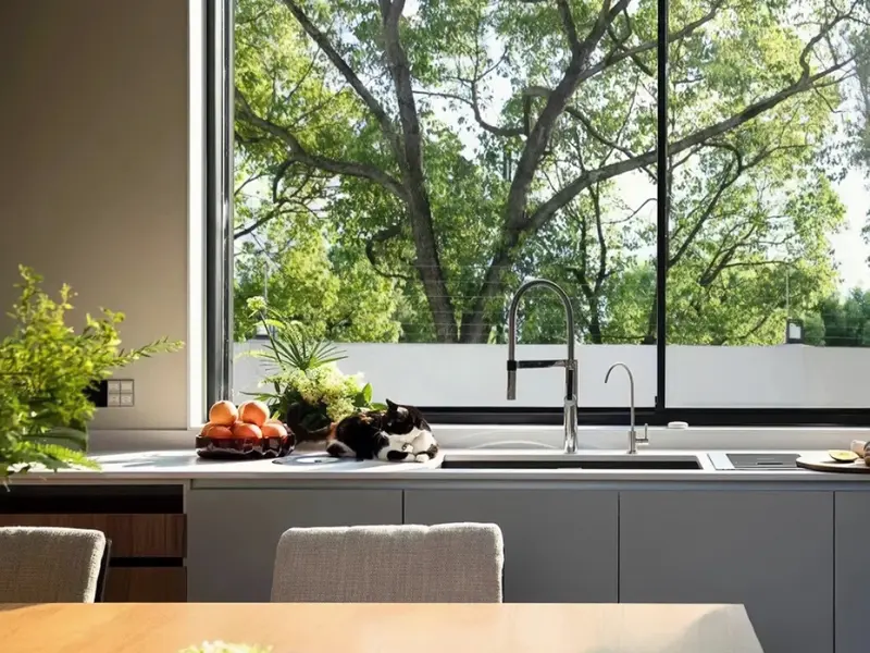 Kitchen scene with a wide dark-framed sliding window above a sink, a cat resting on the countertop beside a bowl of oranges, and a tree canopy visible outside.