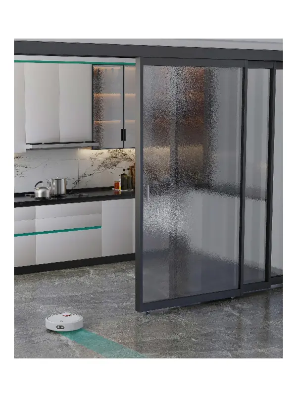 Slim indoor aluminium sliding door with fluted glass in a kitchen