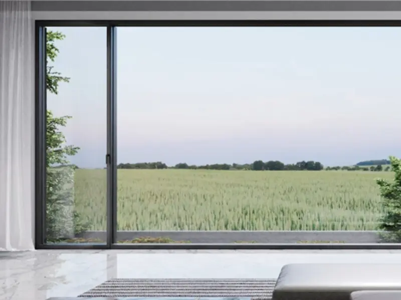 Tilt and turn window wall opening onto a wheat field at dusk