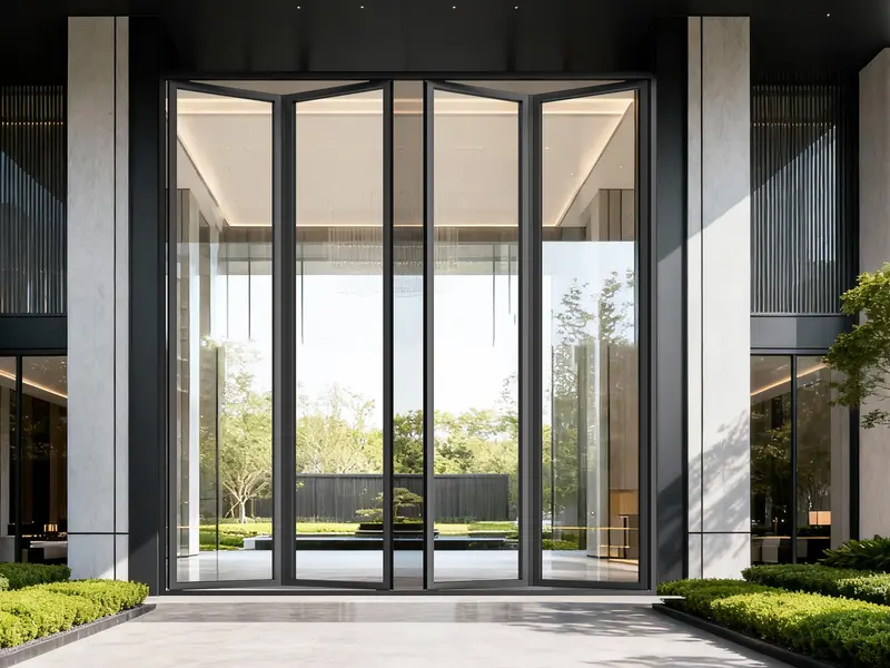 Tall black-framed aluminium folding door forming a glazed building entrance