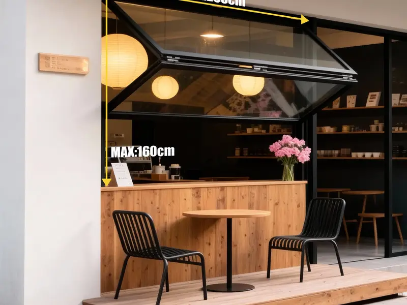 Black-framed aluminium top-hinged folding window propped open above a wooden counter