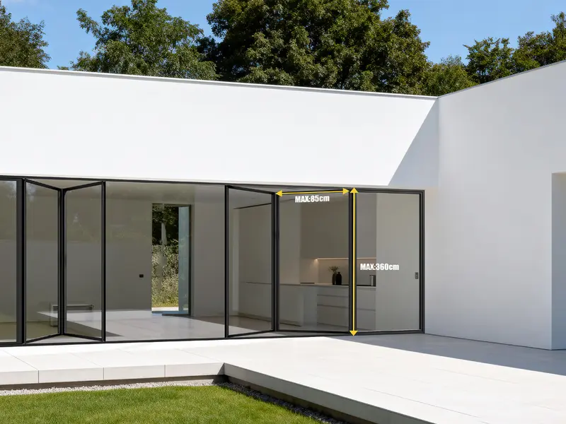 Aluminium folding door opened onto a lawn in front of a white house