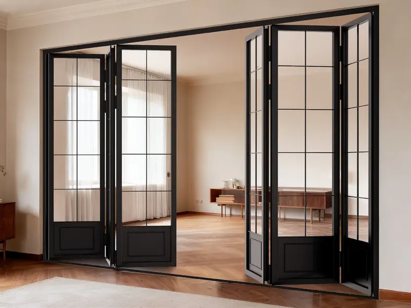 Black-framed aluminium folding door opened onto a bright living room