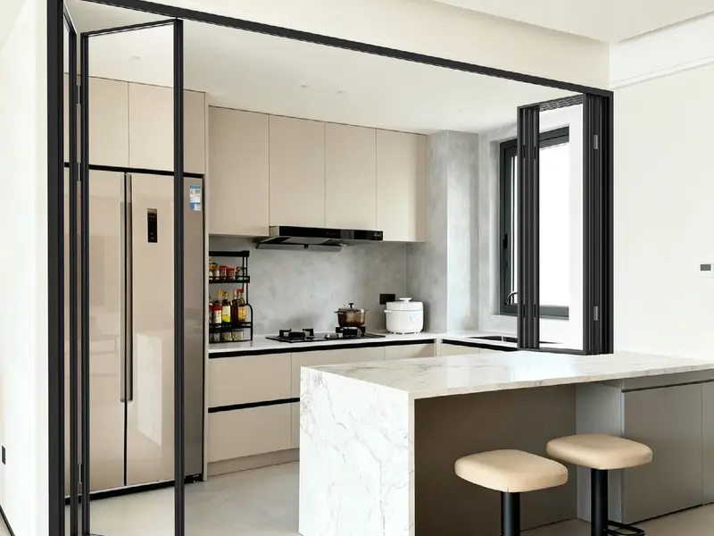 Narrow black-framed aluminium folding door partitioning a kitchen from a dining area